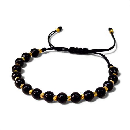 Bratari reglabile - Bratara cu cristale de onix rotunde si bilute placate cu aur de 14k