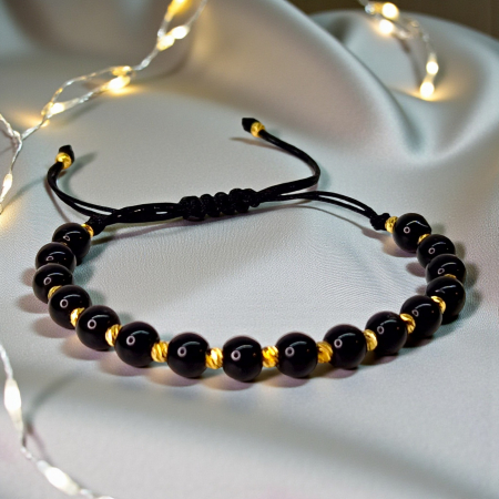 Bratara cu cristale de onix rotunde si bilute placate cu aur de 14k [3]