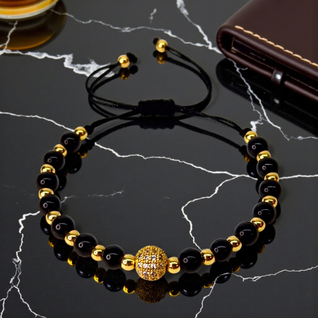 Bratara cu onix negru si bilute placate cu aur de 14k [3]
