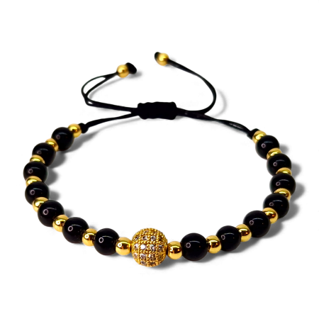 Bratari reglabile - Bratara cu onix negru si bilute placate cu aur de 14k