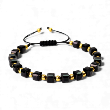 Bratara cu cristale patrate din onix si bilote placate cu aur de 14k [6]