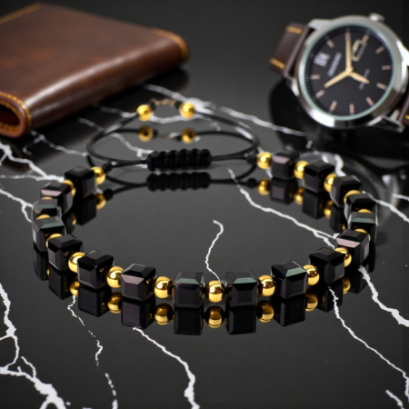 Bratara cu cristale patrate din onix si bilote placate cu aur de 14k [5]