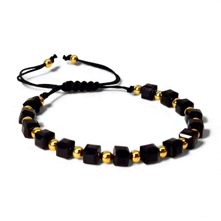 Bratari reglabile - Bratara cu cristale patrate din onix si bilote placate cu aur de 14k