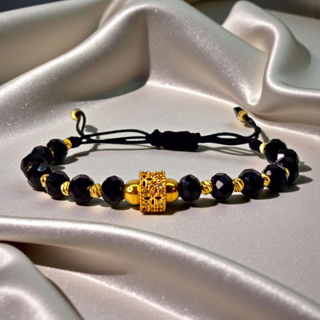 Bratara unisex cu onix negru si bilute placate cu aur [1]
