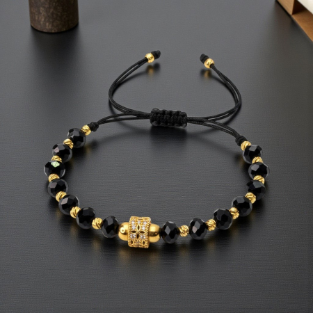 Bratara unisex cu onix negru si bilute placate cu aur [3]
