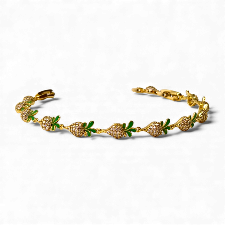 Bratari - Brățară Alexa placată cu aur cu flori pavate și frunze verzi emailate