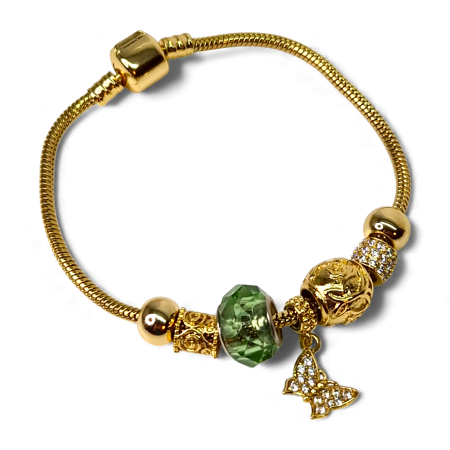 Bratari - Brățară Caroline placată cu aur cu mărgea verde și charm fluture