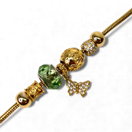 Brățară Caroline placată cu aur cu mărgea verde și charm fluture [6]