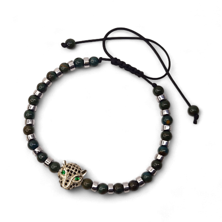 Bratari reglabile - Brățară Tyler cu Agat verde, Hematit și cap de panteră placat cu argint
