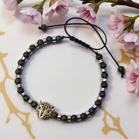 Brățară Tyler cu Agat verde, Hematit și cap de panteră placat cu argint [1]