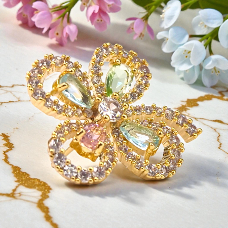 Cercei in forma de trifoi cu patru foi placat cu aur de 14k si incrustat cu cristale multicolore [5]