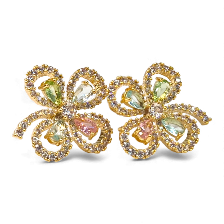Cercei cu surub - Cercei in forma de trifoi cu patru foi placat cu aur de 14k si incrustat cu cristale multicolore