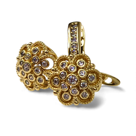 Cercei in forma de floare placati cu aur galben de 14k si incrustati cu cristale zirconiu transparente [2]