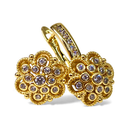Cercei de ocazie - Cercei in forma de floare placati cu aur galben de 14k si incrustati cu cristale zirconiu transparente