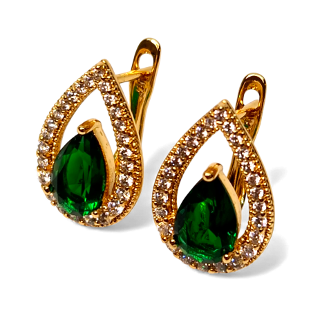 Cercei de ocazie - Cercei in forma de picatura cu cristal central verde inconjurat de zirconiu alb placat cu aur de 18k