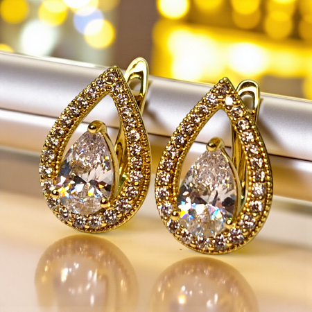 Cercei placați cu aur Francesca White în formă de lacrimă cu cristal mare [1]