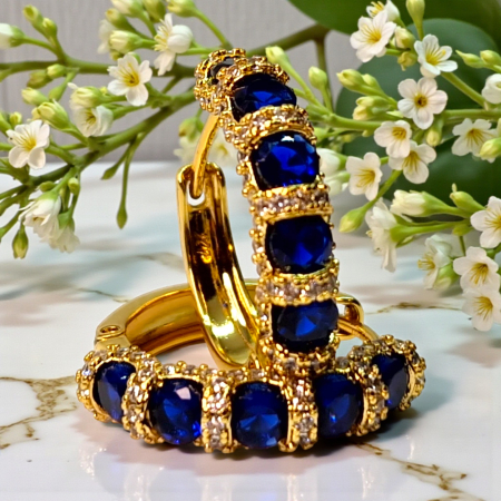 Cercei rotunzi placati cu aur de 14k si cristale albastre zirconiu [3]