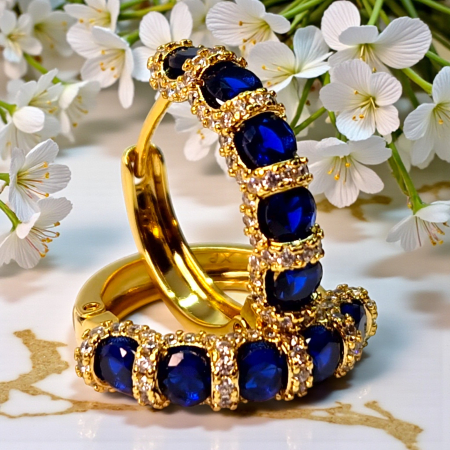 Cercei rotunzi placati cu aur de 14k si cristale albastre zirconiu [1]