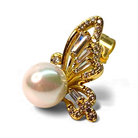 Cercei cu surub placati cu aur de 14k in forma de fluture cu perla alba centrala si cristale albe zirconiu [6]