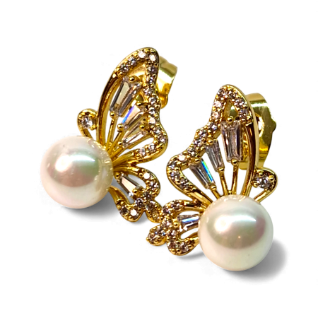 Cercei cu surub placati cu aur de 14k in forma de fluture cu perla alba centrala si cristale albe zirconiu [4]