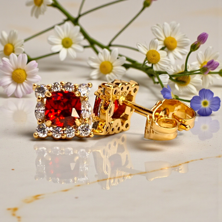 Cercei Zara placati cu aur cu cristal rubiniu și contur pavé [7]