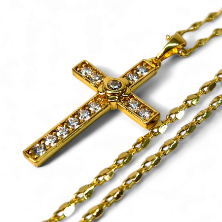 Cadouri femei - Colier IH803 cu cruce placată cu aur 18K decorată cu zirconii