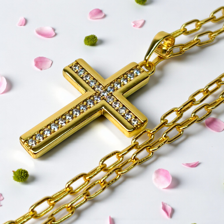 Colier cu Sfanta Cruce incrustata cu cristale albe si lant de 50 cm placat cu aur de 18k IH704 [1]