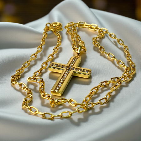 Colier cu Sfanta Cruce incrustata cu cristale albe si lant de 50 cm placat cu aur de 18k IH704 [5]
