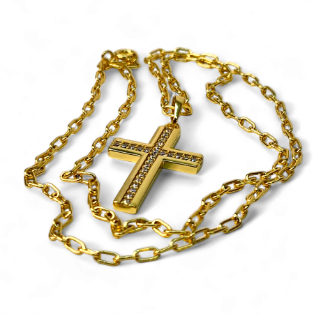 Colier cu Sfanta Cruce incrustata cu cristale albe si lant de 50 cm placat cu aur de 18k IH704 [6]