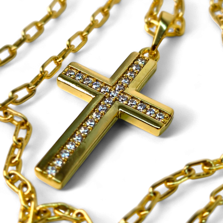 Colier cu Sfanta Cruce incrustata cu cristale albe si lant de 50 cm placat cu aur de 18k IH704 [2]