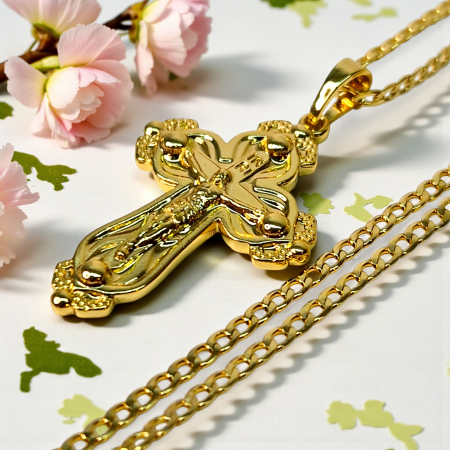 Colier IH808 cu cruce sculptată placată cu aur 18K în relief [1]