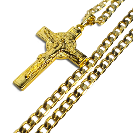 Coliere - Colier IH809 placat cu aur 18K cu cruce sculptată și medalion Benedict