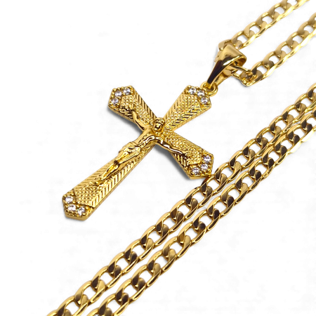 Coliere - Colier IH810 placat cu aur 18K cu cruce sculptată și lanț gros