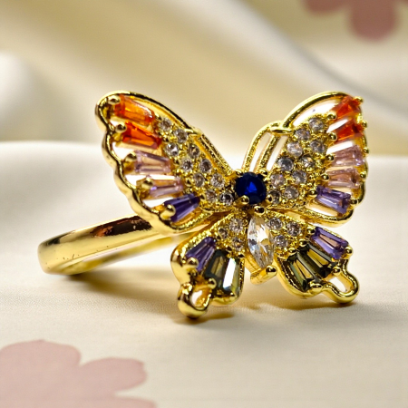 Inel reglabil placat cu aur Ivona Blue cu fluture și zirconii multicolore [3]