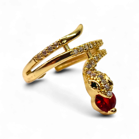 Inel reglabil placat cu aur de 14k in forma de sarpe incrustat cu cristale albe si un cristal rosu in gura [6]