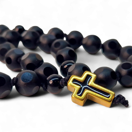 Metanier IH802 cu pietre negre mate și cruce din hematit aurit [4]