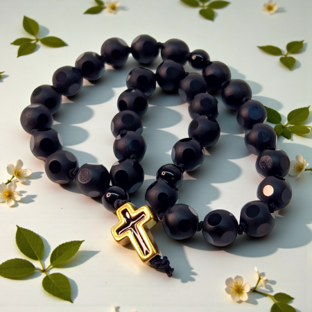 Metanier IH802 cu pietre negre mate și cruce din hematit aurit [3]