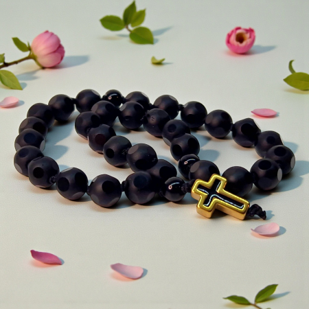 Metanier IH802 cu pietre negre mate și cruce din hematit aurit [1]