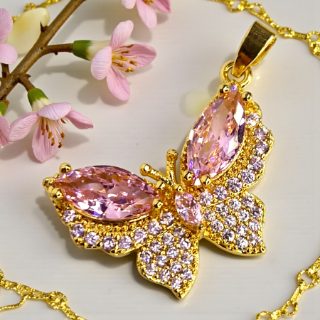 Pandantiv Narcisa placat cu aur cu fluture roz-lila din zirconii [5]
