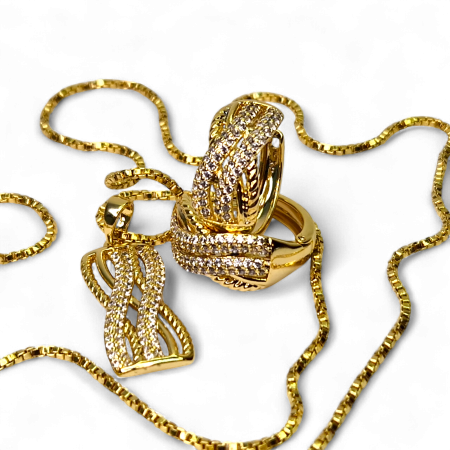 Accesorii - Set placat cu aur Andra cu model împletit și zirconii albe