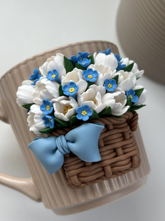 Spring - Cana cu Decor Flori - Lalele si Floare de Nu-Ma-Uita