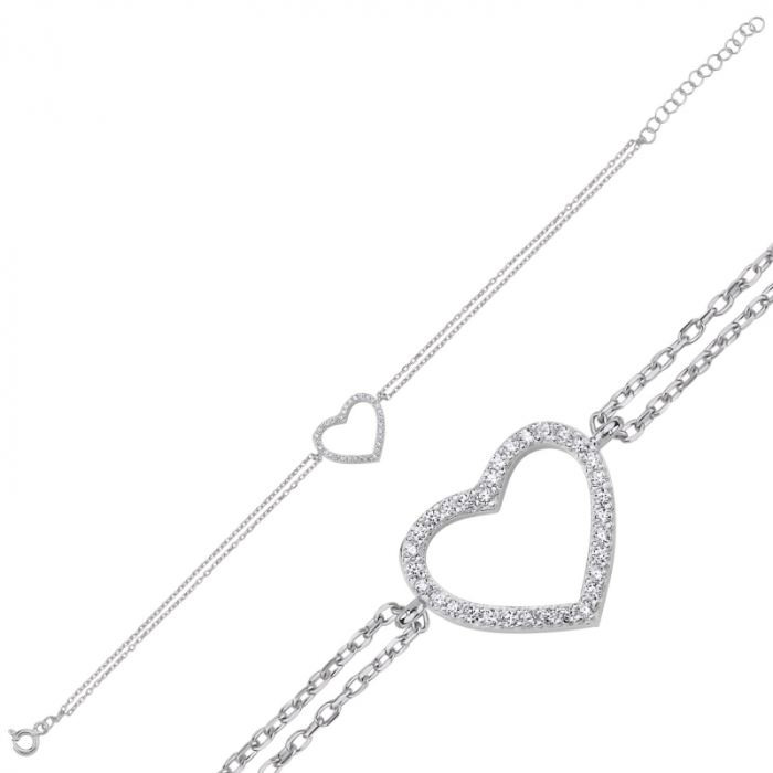 Bratara din argint 925, placata cu rodiu, 17 + 3 cm, Elegant Heart zirconiu, lantisor dublu [1]
