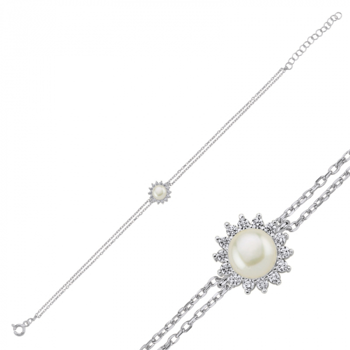 Bratara din argint 925, placata cu rodiu, Halo Solitaire Pearl 9 mm incrustat cu zirconia, circumferinta 17+3 cm [1]