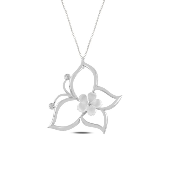 Colier argint 925 placat cu rodiu, Flower Mother of Pearl & Butterfly, lungime lantisor 40 cm [1]