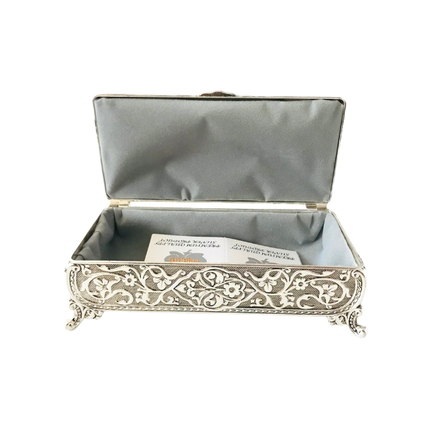 Caseta bijuterii - argintata, interior catifea gri, model floral, 13.5x7x5.3 cm [2]
