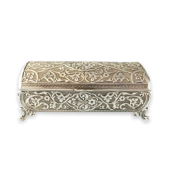 Caseta bijuterii - argintata, interior catifea gri, model floral, 13.5x7x5.3 cm [3]