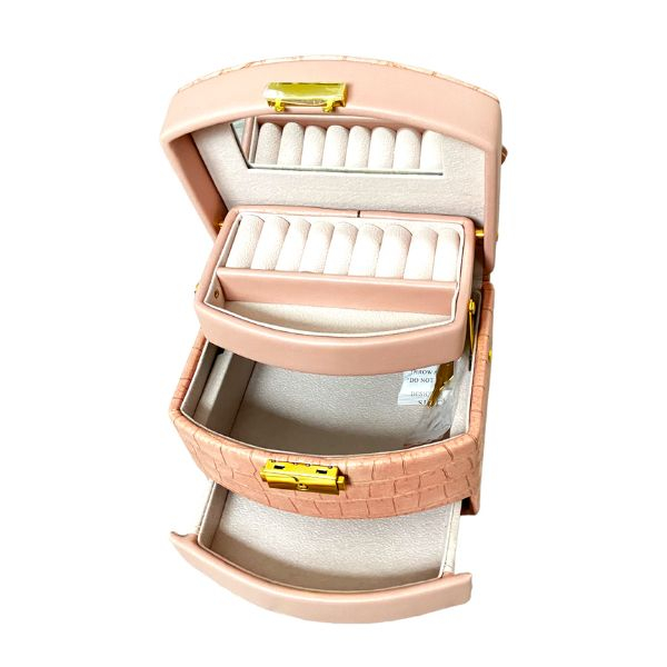 Cutie pentru depozitare si organizare bijuterii si accesorii, model etajat cu sertare si cheita, 15X13X13 cm, culoare roz somon [3]