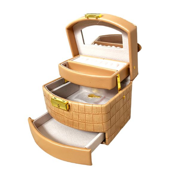Cutie pentru depozitare si organizare bijuterii si accesorii, model etajat cu sertare si cheita, 15X13X13 cm, culoare maro cognac [3]