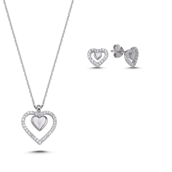 Set argint 925, placat cu rodiu, 2 piese, cercei si colier Inimioare cu zirconiu [2]