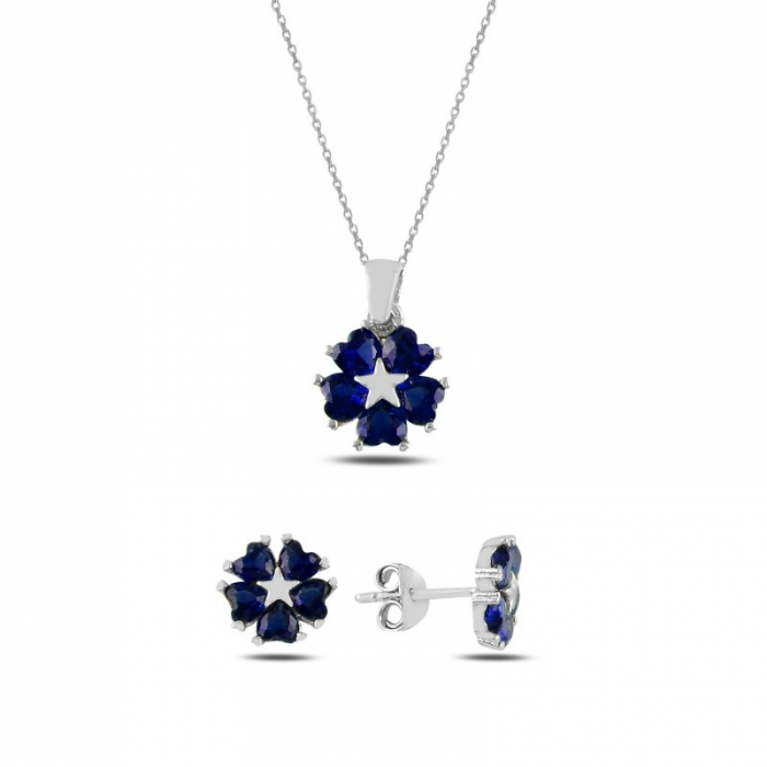 Set argint 925, placat cu rodiu, cercei si colier Heart Star, cu zirconiu albastru stralucitor [2]